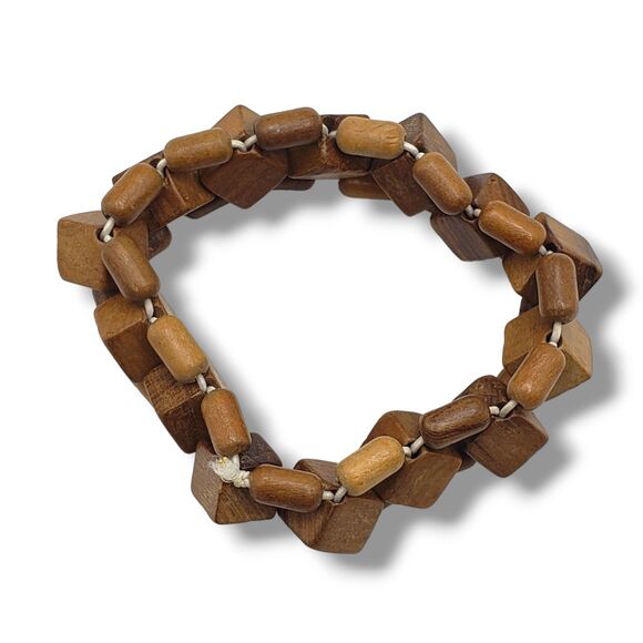 Brown Wood Cube Cylinder Bead Stretch Bracelet Retro Geometric - Picture 4 of 6
